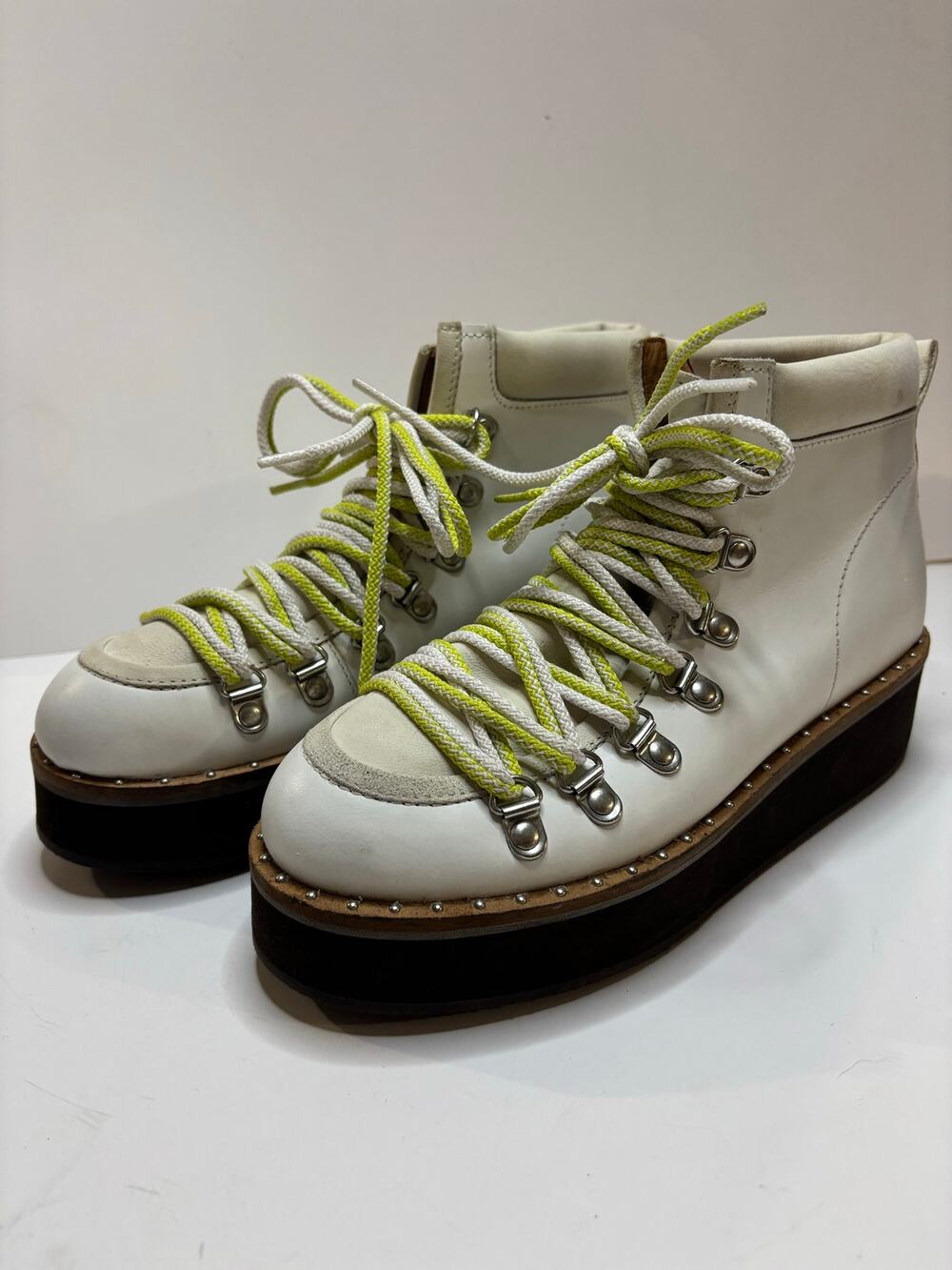 Free People White Leather Lace Up Combat Boots Neon Green Rope Laces EU 37 US 7
